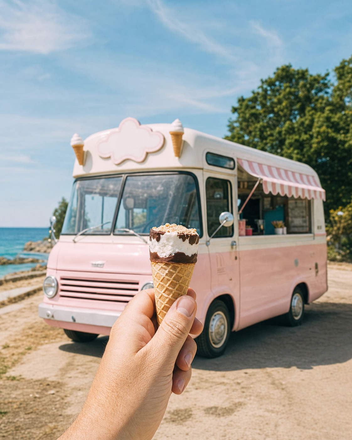 K Social mock campaign — pastel pink ice cream truck by the sea