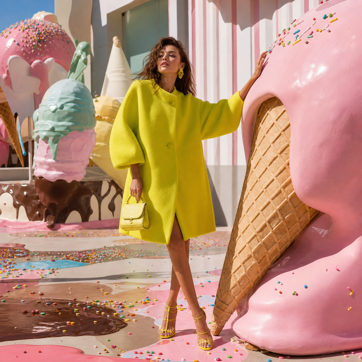 K Social mock campaign hero — model among ice cream sculptures